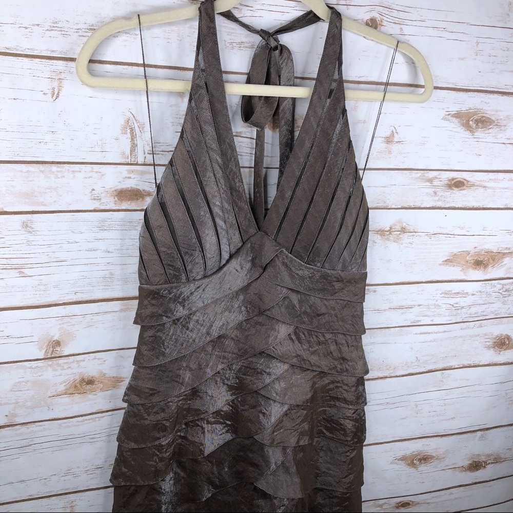 Cache brown ruffle vneck halter shimmer midi dress - Picture 2 of 8
